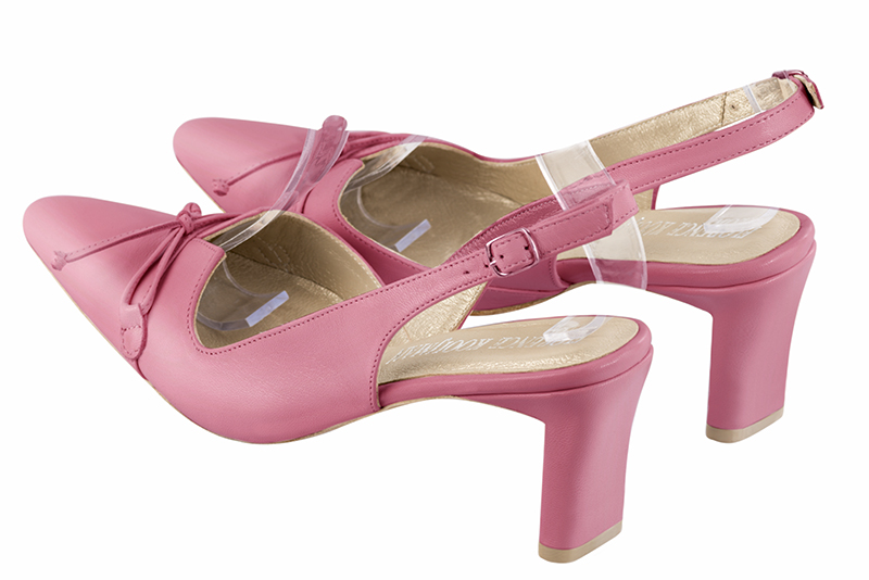 Carnation pink women's open back shoes, with a knot. Tapered toe. Medium comma heels. Rear view - Florence KOOIJMAN